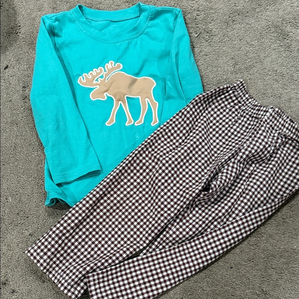 Moose Print Kids Pajama Set - Teal and Brown